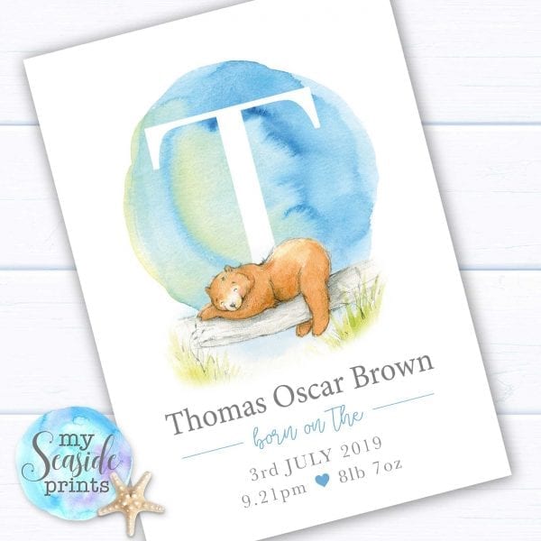 Personalised Newborn Baby Boy Gift with Birth stats. Blue and grey print with cute bear. 1st birthday present or new baby gift.