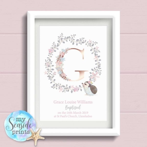 Girls Christening Gift from Godparent. Personalised Print with grey and baby pink Flower Wreath and Rose Gold initial. For goddaughter