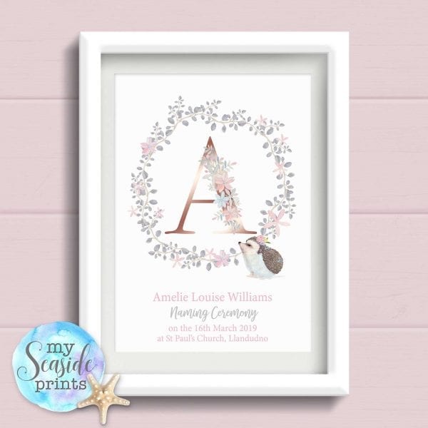 Girls Christening Gift from Godparent. Personalised Print with grey and baby pink Flower Wreath and Rose Gold initial. For goddaughter