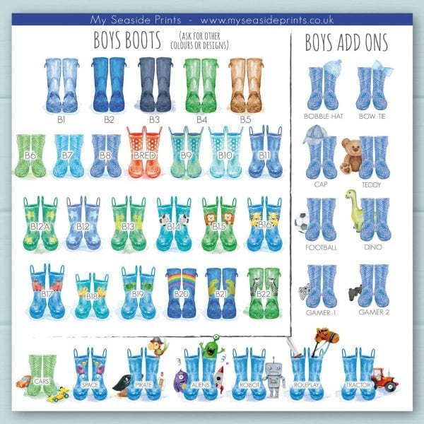 boys welly boot options for family welly boot prints. Add ons include, cap, football, rocket, aliens, tractor, lion, stars, monkey, dinosaur, cow, pirate, trains, turtle, rainbow, zebra