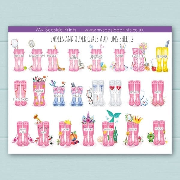 extra ladies welly boot options for family welly boot prints. Add ons include tennis, hockey, nurse, doctor, mermaid, unicorn, princess, beauty, nails