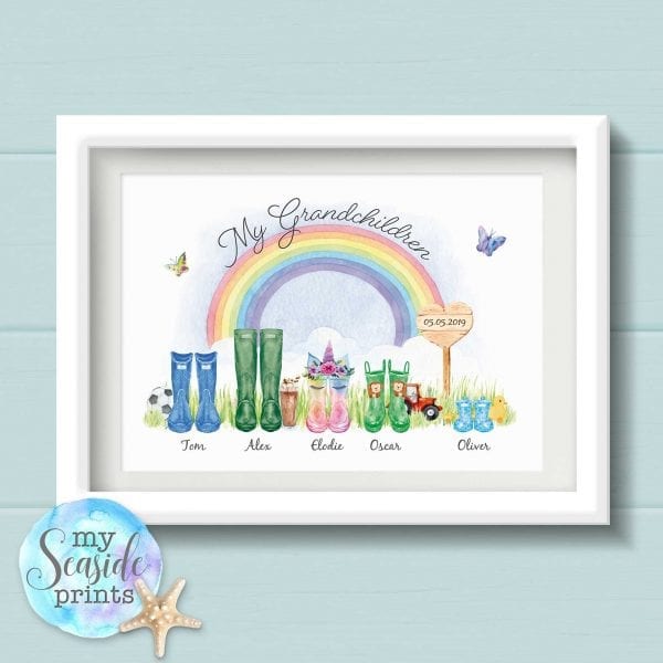 Personalised Grandchildren Print with Welly Boots, rainbow and grass