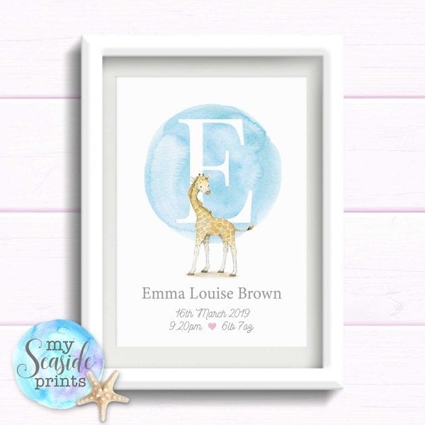 Personalised Print with Giraffe and initial. Print with birth stats. Gift for baby girls birthday. Newborn baby Present.