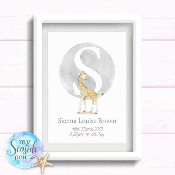 Personalised Print with Giraffe and initial. Print with birth stats. Gift for baby girls birthday. Newborn baby Present.