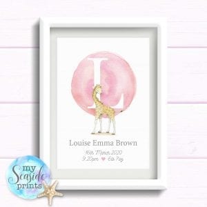 Personalised Print with Giraffe and initial. Print with birth stats. Gift for baby girls birthday. Newborn baby Present.
