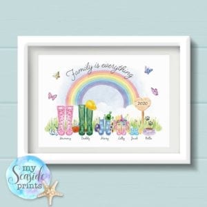 Personalised Family is everything Welly Boot Print with Rainbow, gift for Dad, Mum, Grandad, Grandma, Nan, Gran, Nain 2020