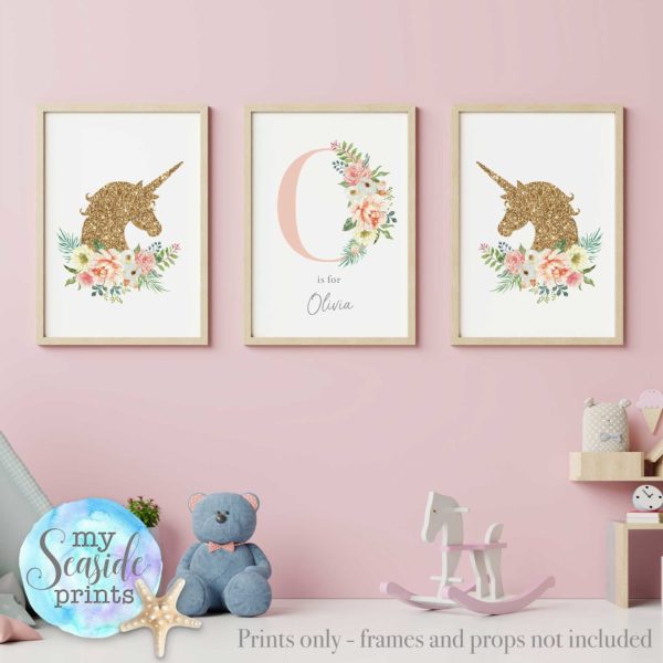 Set of 3 unicorn prints for girls bedroom or nursery, Floral Initial with flowers and name and glitter effect unicorns, wall decor.