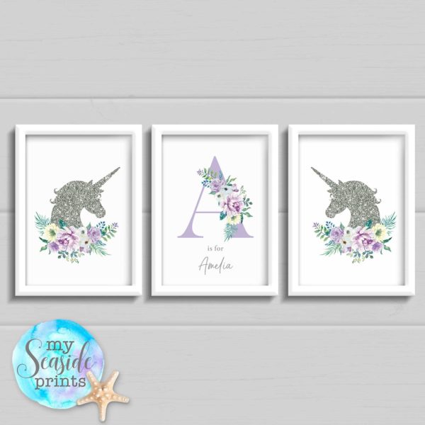 Set of 3 unicorn prints for girls bedroom or nursery, Floral Initial with flowers and name and glitter effect unicorns, wall decor.