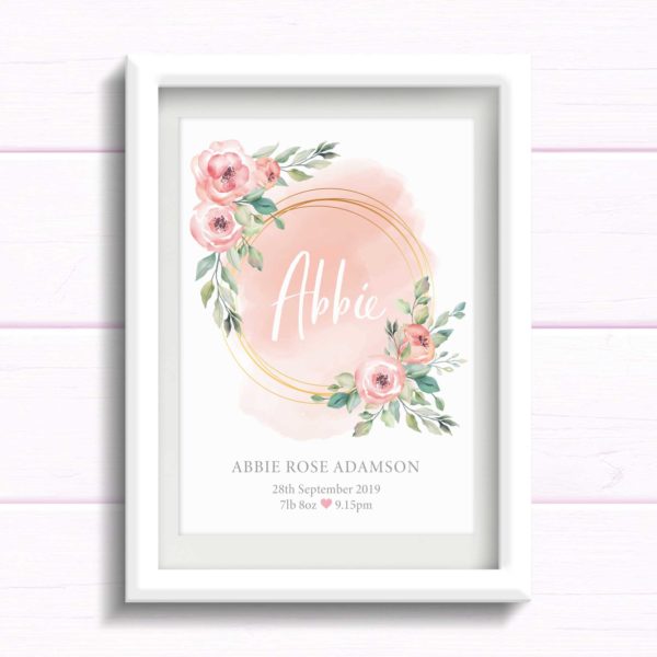 Personalised gift for baby girl. Blush pink Nursery wall Art Print with flowers. New Baby Print. Gift for baby girls birthday. Newborn baby