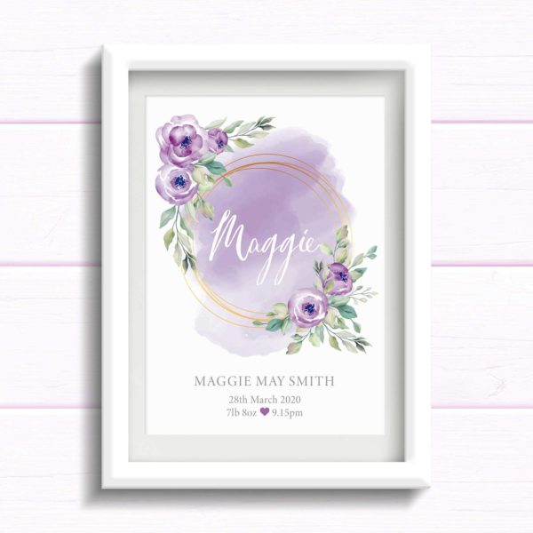 Personalised gift for baby girl. Lilac / Purple Nursery wall Art Print with flowers. New Baby Print. Gift for girls birthday. Newborn baby