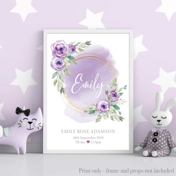 Personalised gift for baby girl. Lilac / Purple Nursery wall Art Print with flowers. New Baby Print. Gift for girls birthday. Newborn baby