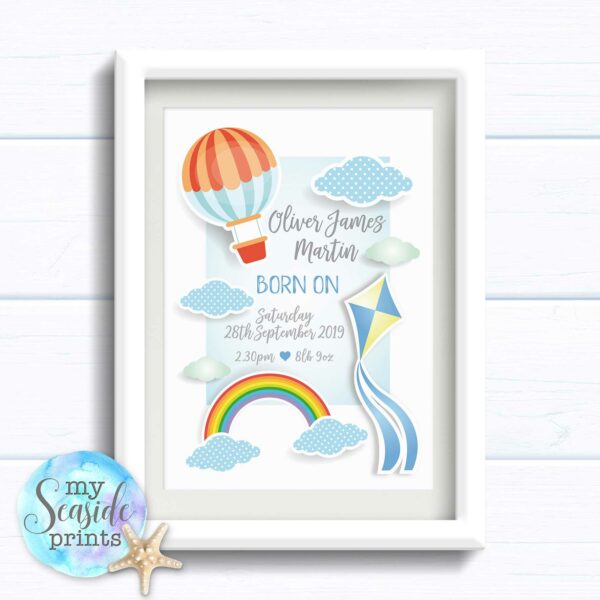 Personalised Boys Print with Rainbow, clouds and Kite