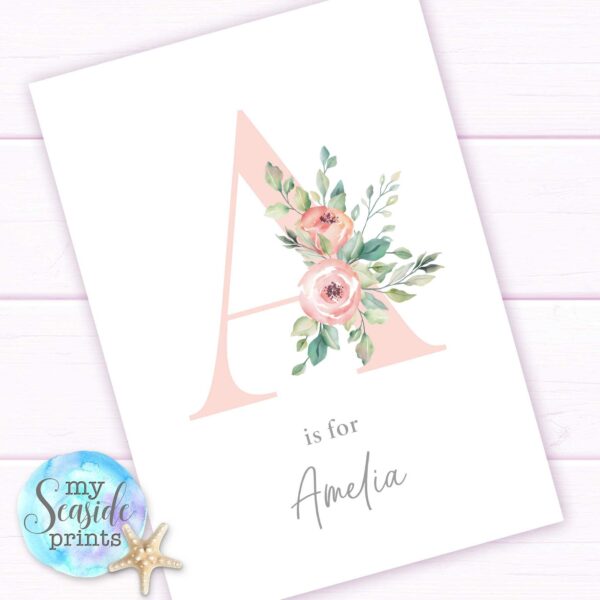 Personalised print for baby girls nursery. Floral Initial with flowers and name. Gift for newborn baby girl. Birthday gift.