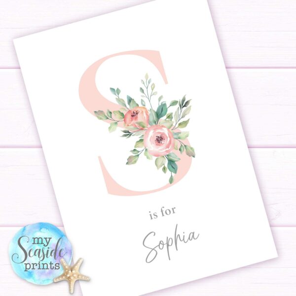 Personalised print for baby girls nursery. Floral Initial with flowers and name. Gift for newborn baby girl. Birthday gift.