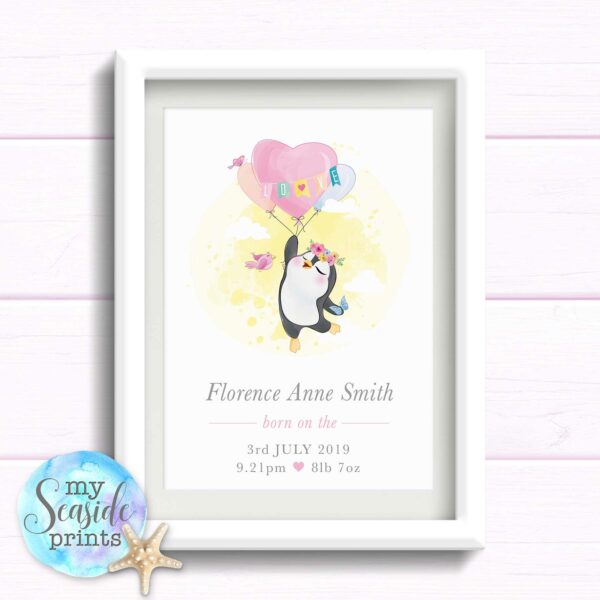 Personalised gift for newborn baby girl. Penguin heart balloon print. Gift for baby girls birthday. Pink Newborn baby present.