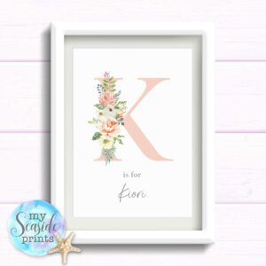 Pretty Floral Initial print for girls bedroom or nursery, pink Initial with flowers and name, wall decor.