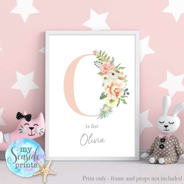 Pretty Floral Initial print for girls bedroom or nursery, pink Initial with flowers and name, wall decor.