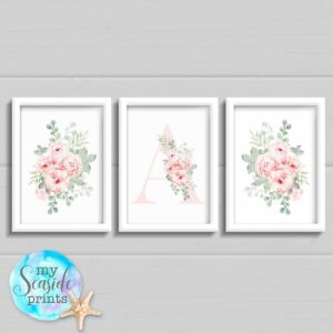 set of 3 pastel floral prints with initial