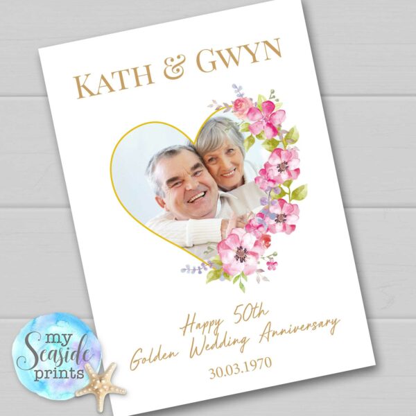 Golden Wedding Anniversary Gift for mum, dad, grandma, grandad, him, her, couple, husband or wife. Personalised Print with photo for 50th.