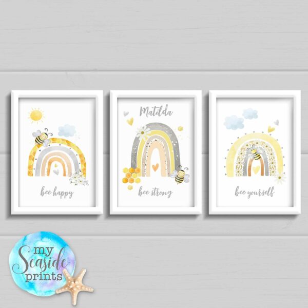 Set of 3 Pastel Bee and rainbow prints for baby girls bedroom or nursery