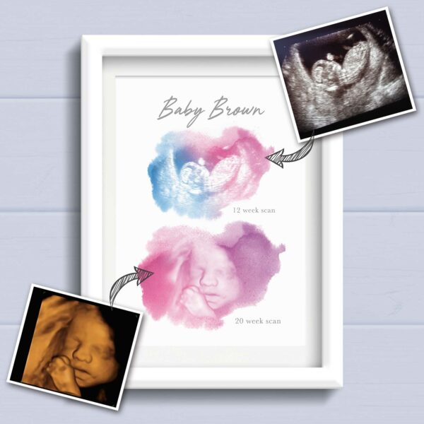Multi Baby scan print keepsake with 2 scan images. Personalised Gift for Mum to be from the bump. Nursery wall art.