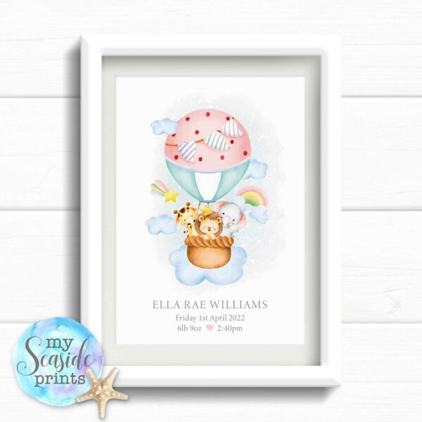 Personalised gift for baby girl, cute nursery print with name and date of birth, present for new parents, hot air balloon nursery wall art.