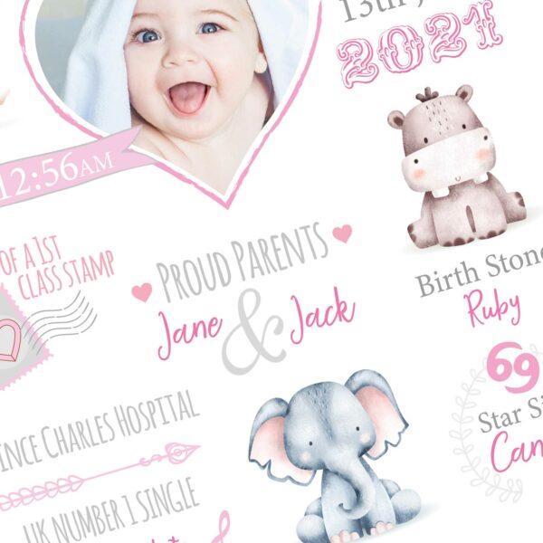 Personalised Print with birth details and safari animals,