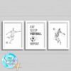 Set of 3 football prints for Boys bedroom with wording Eat sleep football repeat in black and white