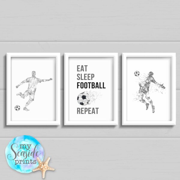Set of 3 football prints for Boys bedroom with wording Eat sleep football repeat in black and white