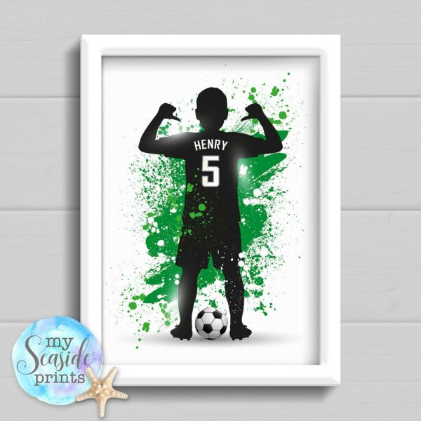 a silhouette of a football player and their shirt is personalised with any name and number of your choice.