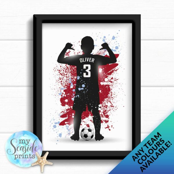 a silhouette of a football player and their shirt is personalised with any name and number of your choice.